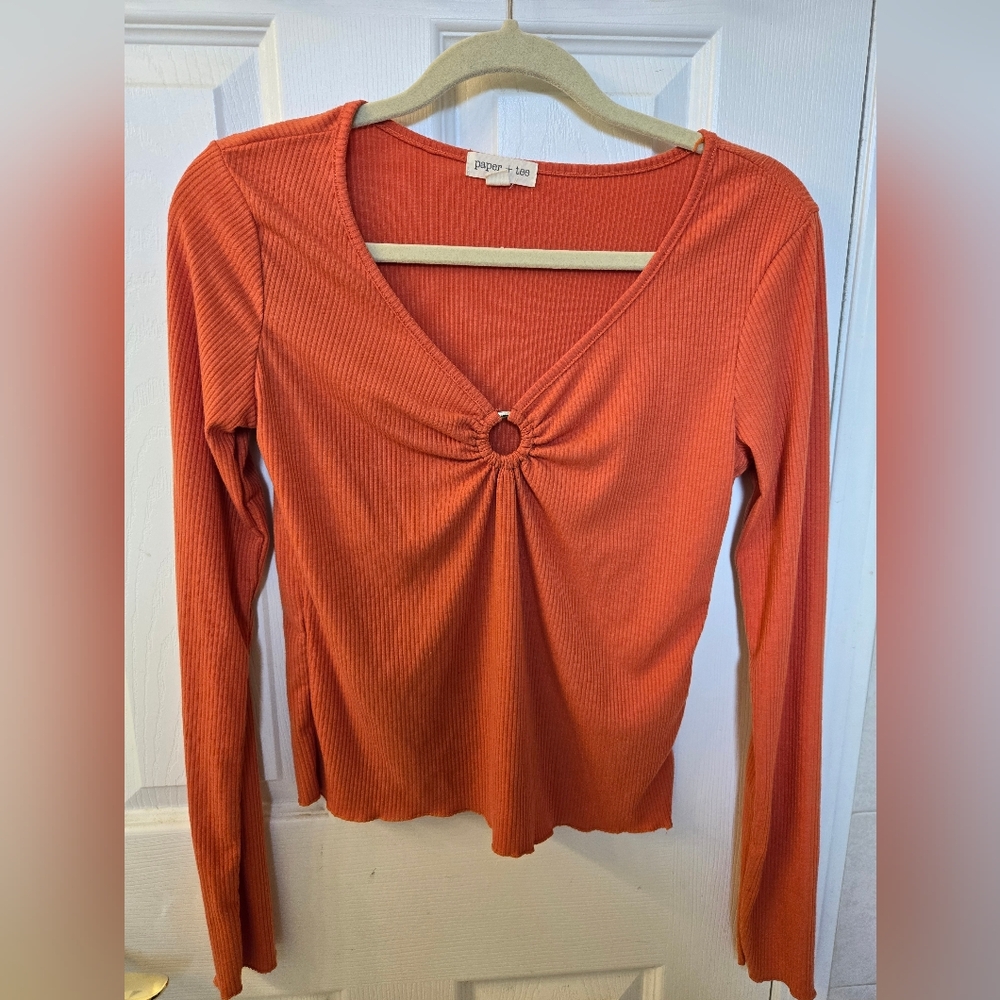Paper Tee Orange Fitted Cut Out Ring Top